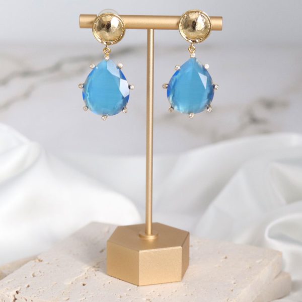 Gold and Sky Blue Teardrop Dangling Earrings