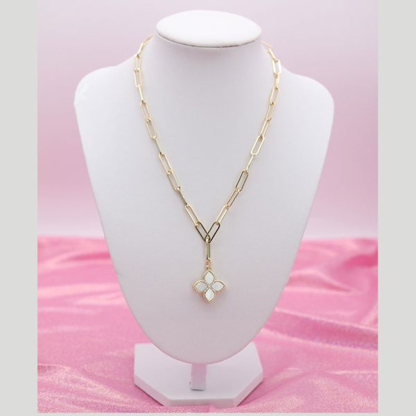 Gold Paperclip Necklace with Pearl Clover Pendant